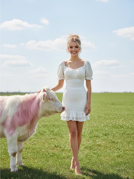 idem ditto Dresses & Skirts - White Smocked “Milk-Maid” Mini Dress with Puff Sleeves